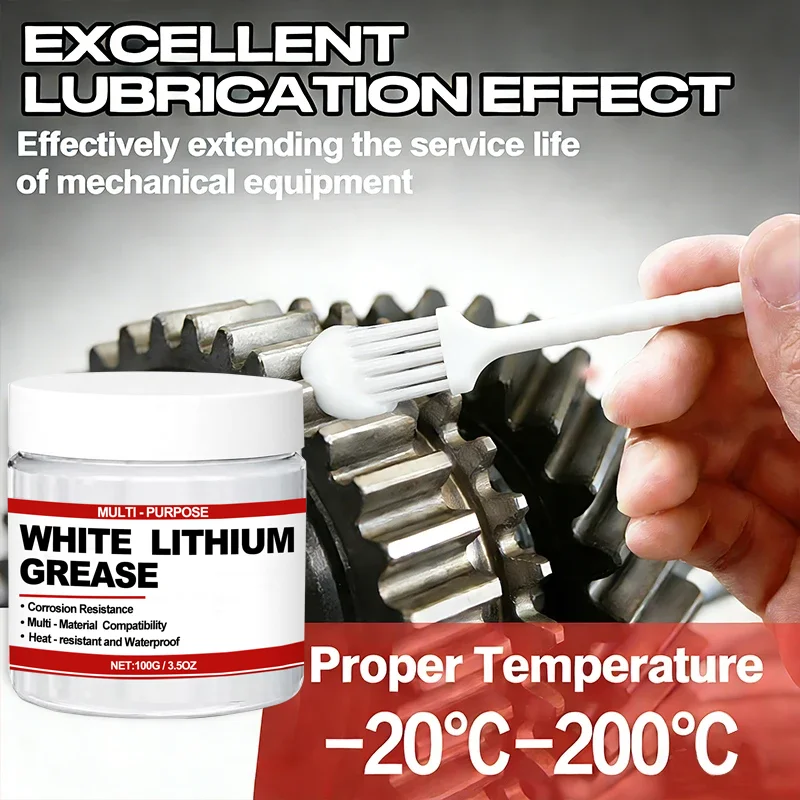 

100/200g Multi-Purpose White Lithium Grease Lubricant with Brush for Garage Doors, Bearings & Automotive
