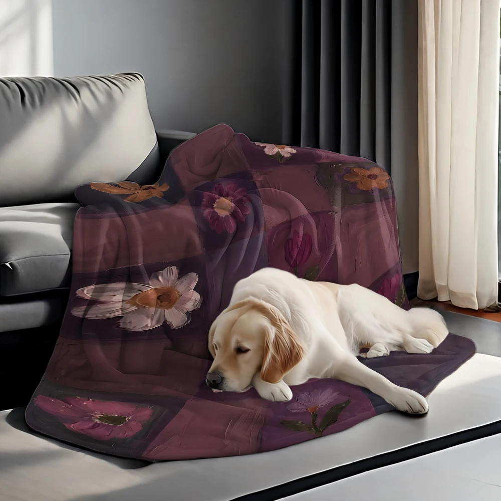 Purple Floral Checker Oil Soft Flannel Blanket Warm Cozy Throw Blanket for Bedroom Living Room Fuzzy Plush Bedspread Gift