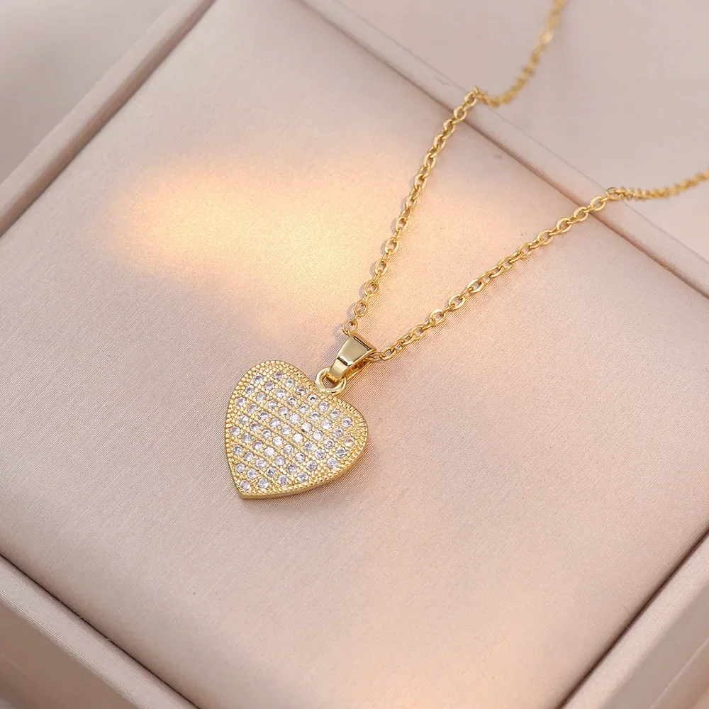 Stainless Steel Gold Color Zircon Heart Pendant Necklace for Women Girls Lovely Jewelry Accessories Gifts for Valentine\'s Day