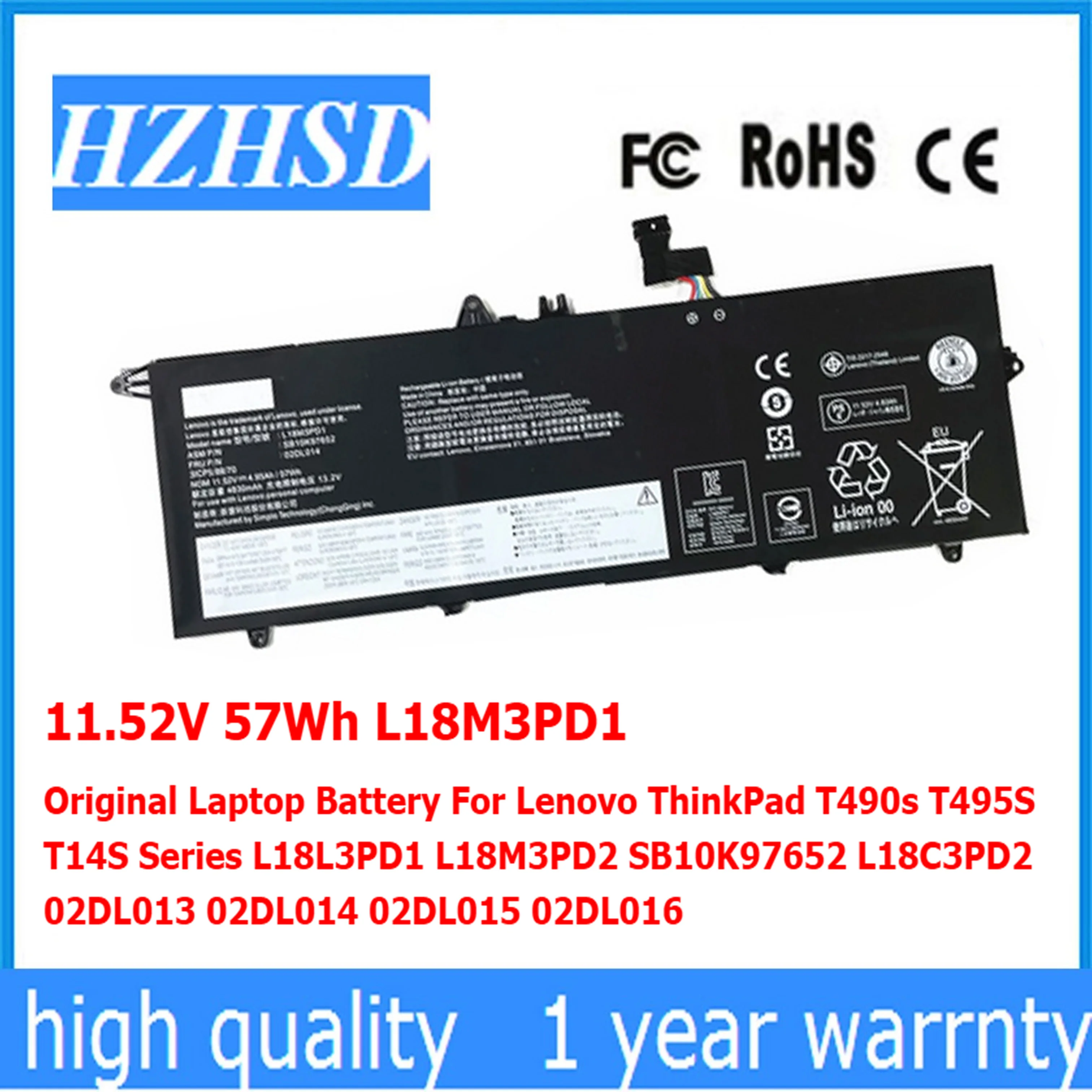 11.52V 57Wh L18M3PD1 Original Laptop Battery For Lenovo ThinkPad T490s T495S T14S Series L18L3PD1 L18M3PD2 SB10K97652 L18C3PD2