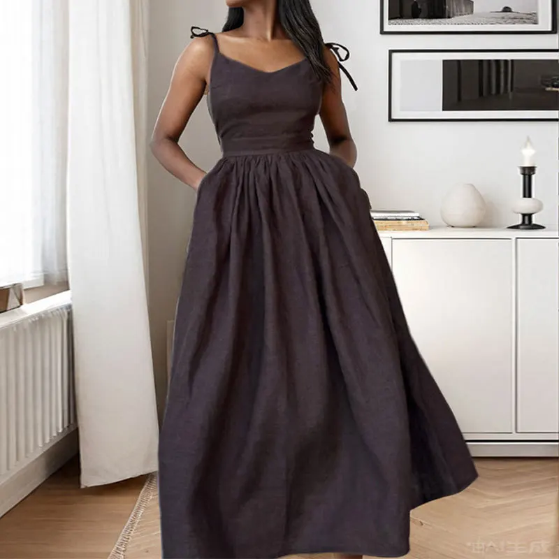 

Spring Women's Waist Cinched V-Neck Backless Camisole Long Dress Casual Style