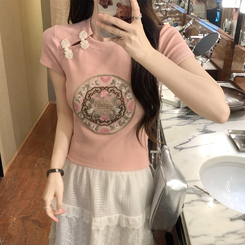 

Retro Shirt Women T-Shirt Short Sleeve Chinese Style Slim Basic Elasticity Tshirt Top Womens Clothing T Shirt Femme