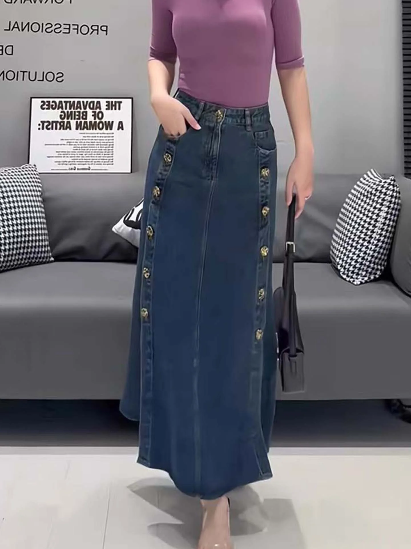 

Синяя винтажная джинсовая юбка А-силуэта с пуговицами, асимметричная, с высокой талией, длинная, стройнящая, повседневная, для женщин