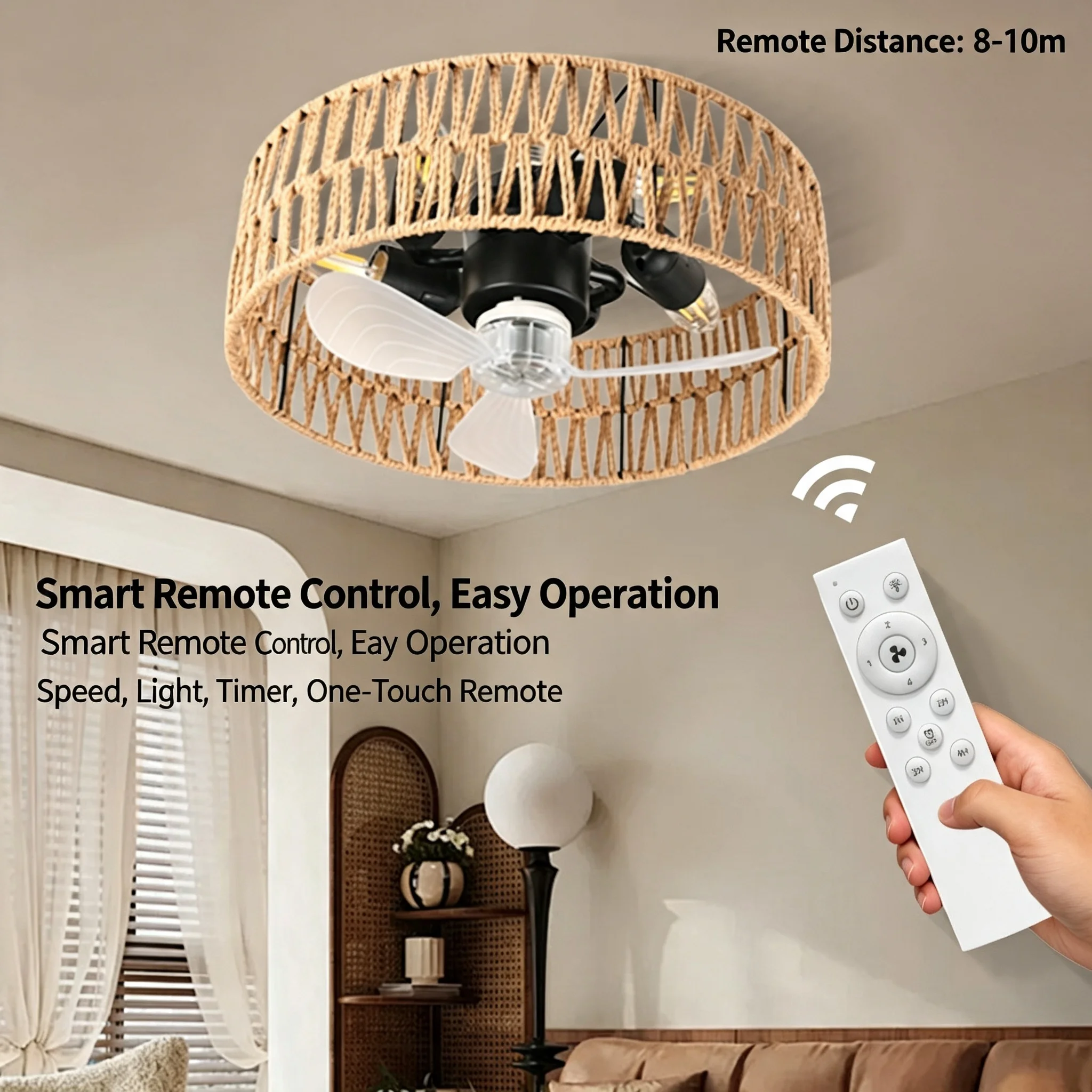 Rattan Woven Ceiling Fan Light, E27 Sockets, Remote Control Flush Mount Silent Fan Lamp, Boho Cage Light For Bedroom Living Room