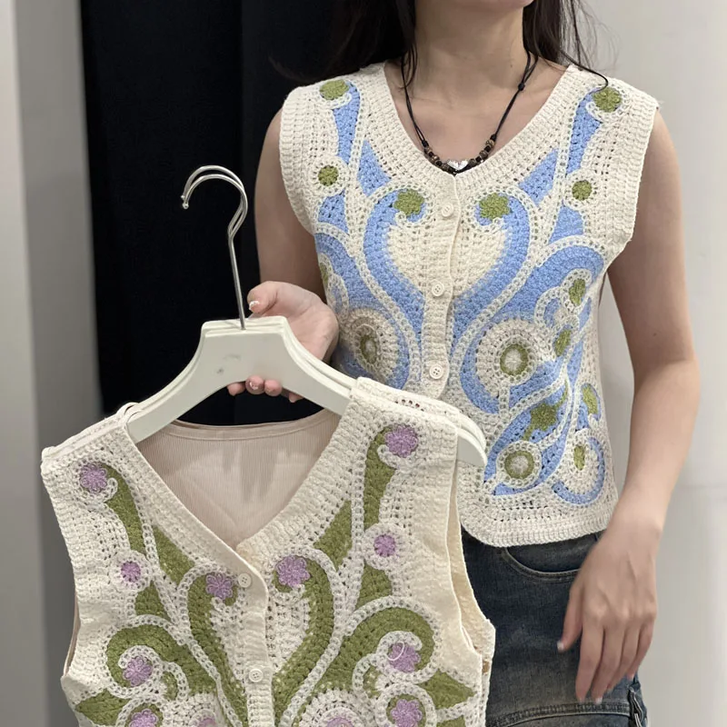 

Boring Honey Hollow Out Slim T-Shirt Vest Contrast Color V-Neck Fashion Women Blouses Single-Breasted Be All-Match Short Tops