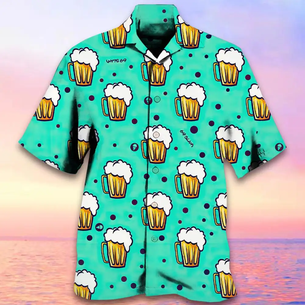 Beer Print Men\'s Shirt Summer Beach Casual Hawaiian Shirts For Men Street Fashion Man Clothes Loose Oversized Short Sleeve Shirt