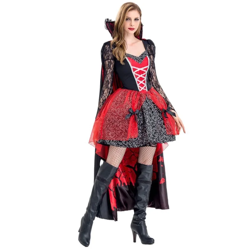 Halloween Witch Dress Lace Long Sleeve Red Dress And Cape Two Piece Set Cosplay Costume Carnival Masquerade Role Play Outfit