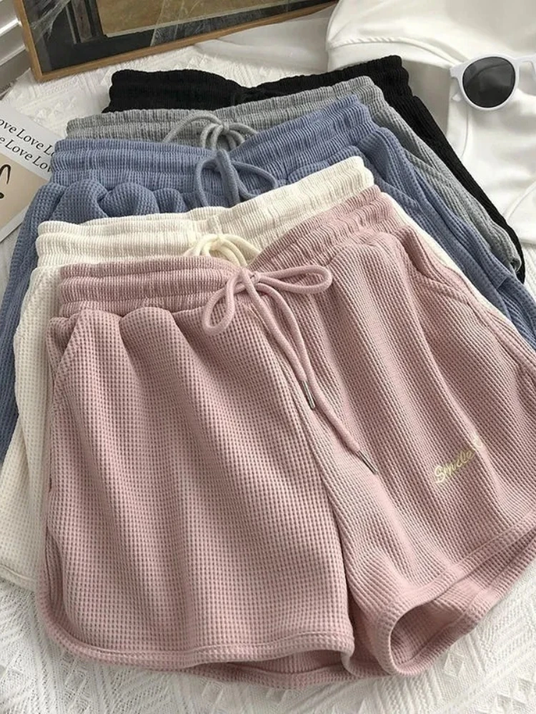 Waffler Fitness Shorts 2026 New Korean Version Loose Casual Women's Shorts White Summer Fashion Embroid Women Shorts High Waist