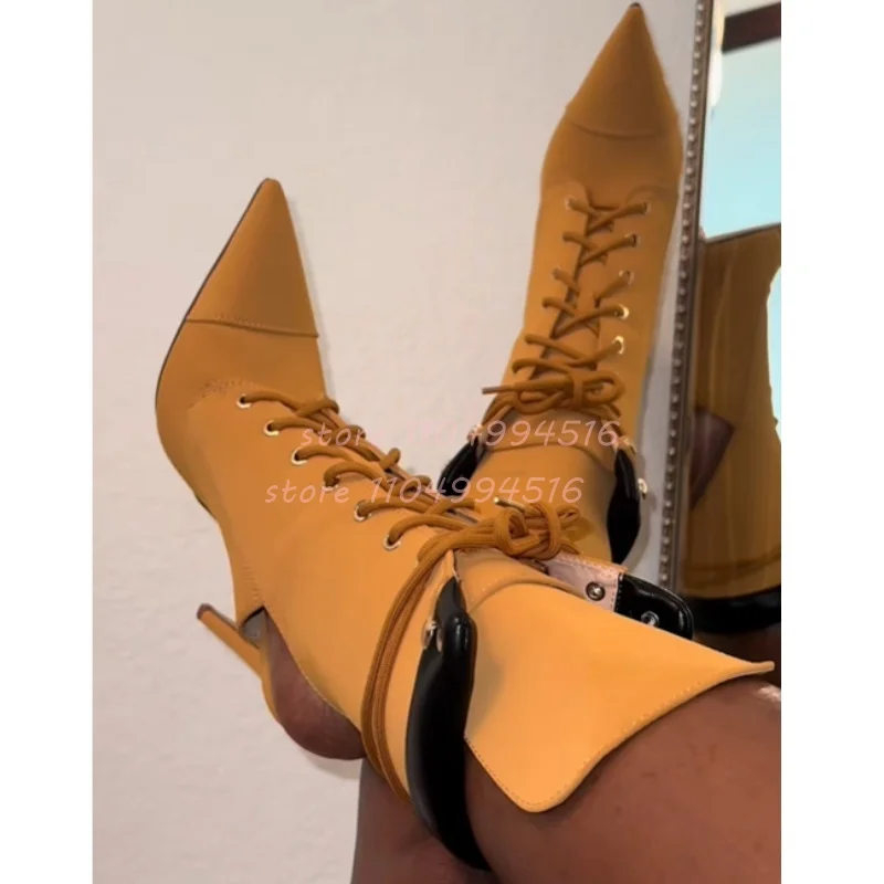 

Yellow Lace Up Pointed Stiletto Ankle Boots Women Mixed Colors Slingback High Heels 2025 New Sexy Fashion Runway Western Boots