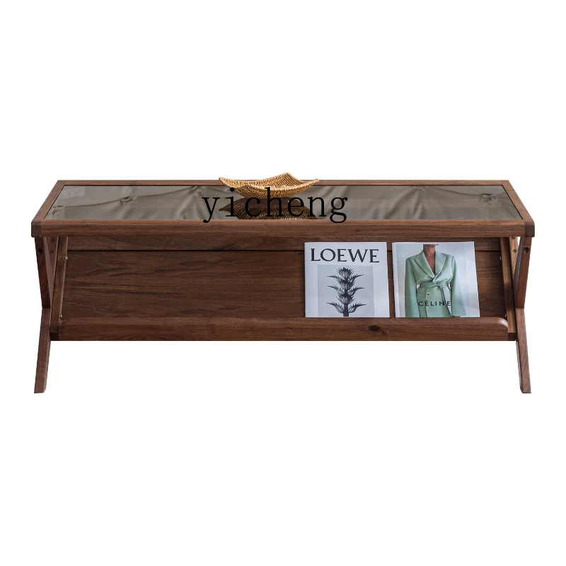 Tqh Black Walnut Glass Tea Table Solid Wood Tea Table Rectangular Storage Tea Table