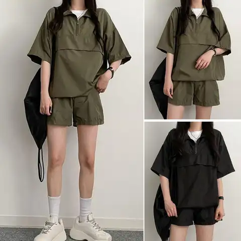 2 Pcs 느슨한 여성/남성 여름 Tracksuit 세트 솔리드 컬러 공식 웹 사이트 여성의 두 조각 세트 지퍼가 달린 옷깃/후드 짧은 세트