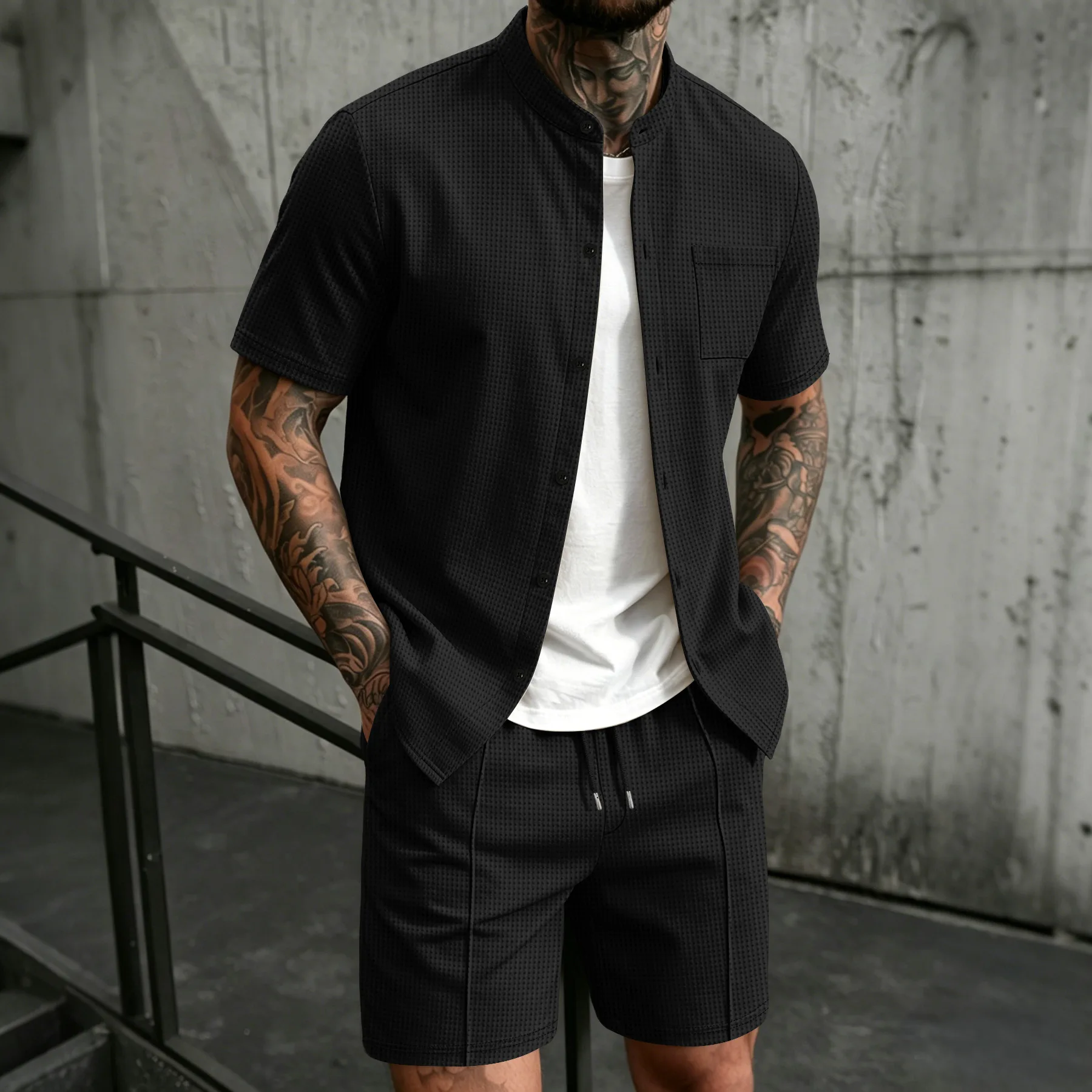 Men's new summer style waffle plain-color crew-neck t-shirt with pocket short-sleeved set with beach shorts men's casual suit