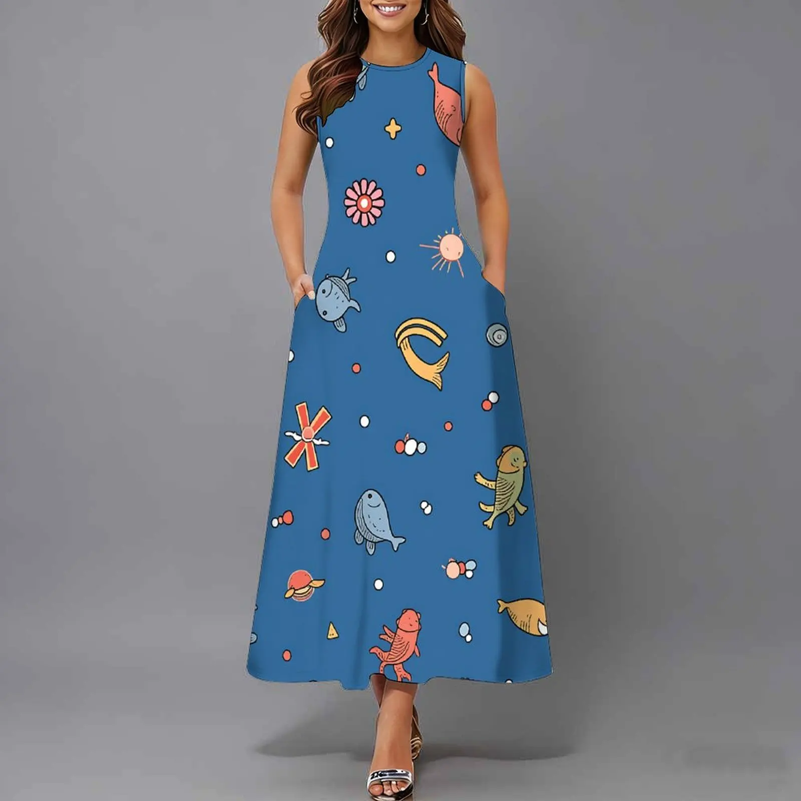 Women Sleeveless Long Maxi Dress With Pockets 3D Oil Painting Print Casual Loose Summer Vacation Party Sundress