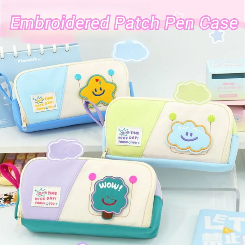 

Macaron Embroidered Patch Pen Case Korea Desktop Storage Large Capacity Pencil Bag Hand-held Pencil Box Stationery Organizer