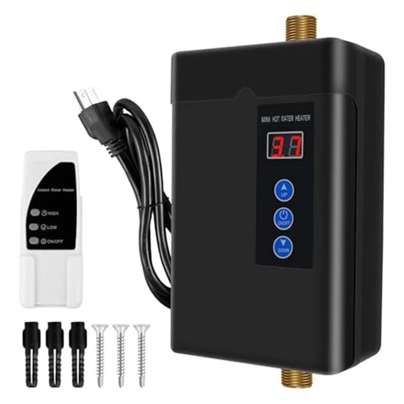 Tankless Water Heater Electric, 3000W 110V Instant Hot Water Heater With Remote Control Digital Display Black US Plug Durable