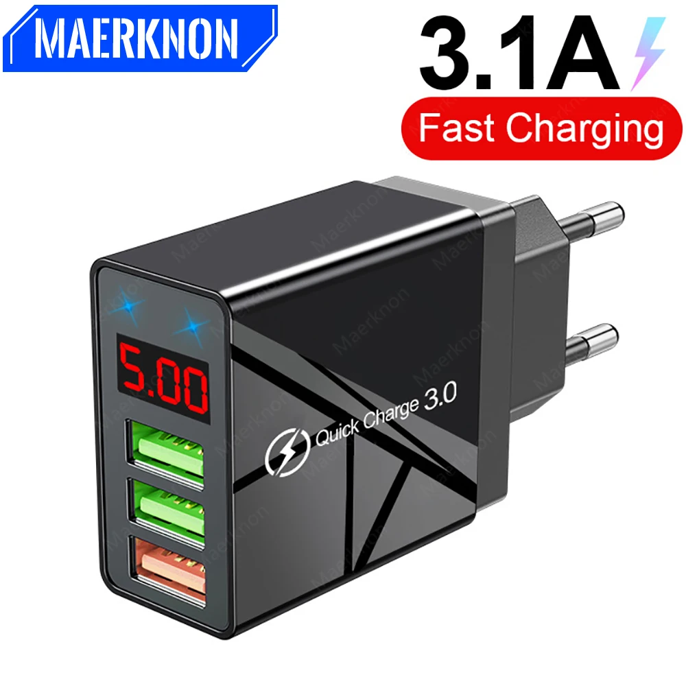 3.1A USB Charger 3 Ports Fast Charging Phone Charger Adapter For iPhone Samsung Xiaomi Quick Charge 3.0 LED Display Wall Charger