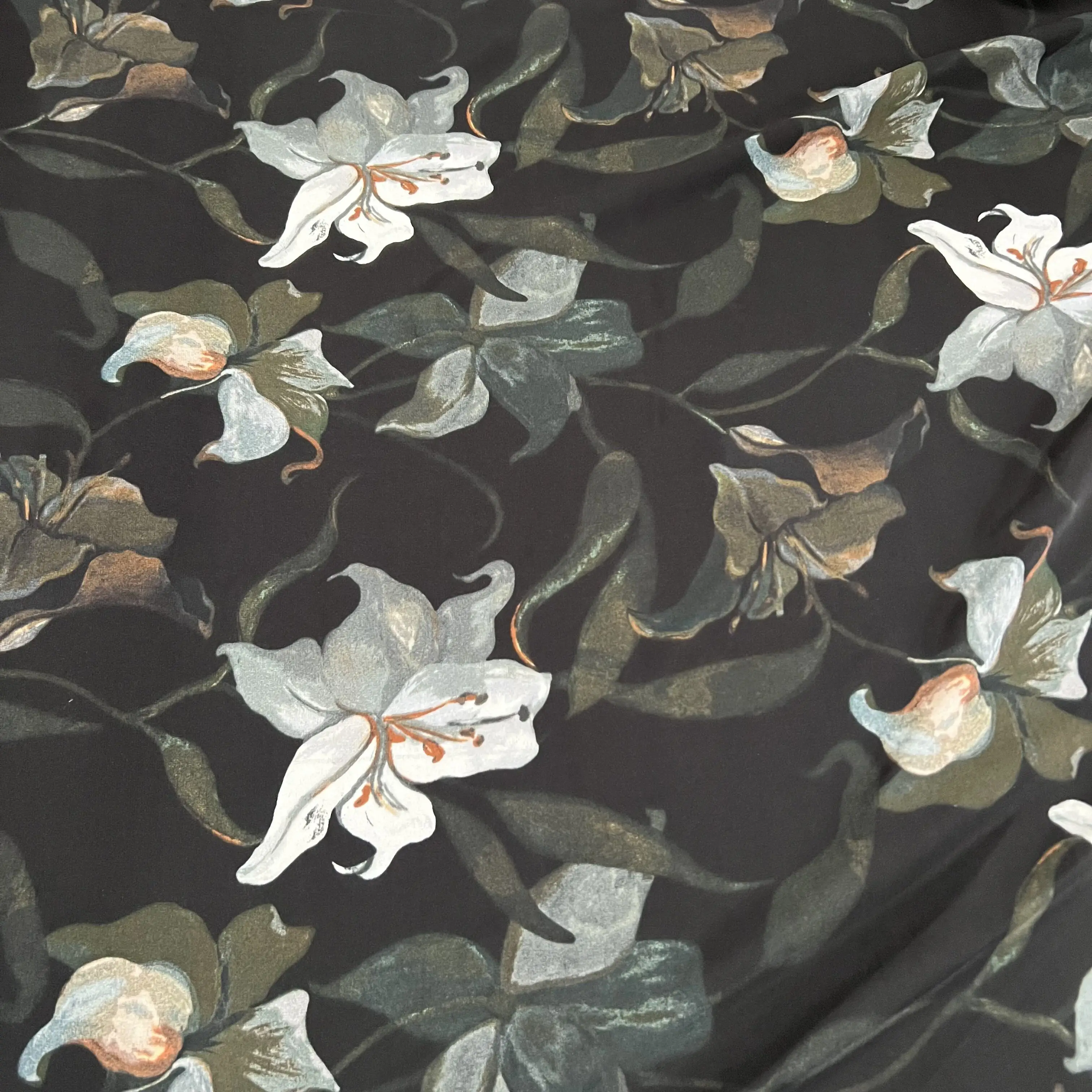 

1 meter 100% Mulberry Silk 18 momme Heavy Crepe Silk Fabric Black Lily Flowers Printed 140cm 55" wide by the yard XX357