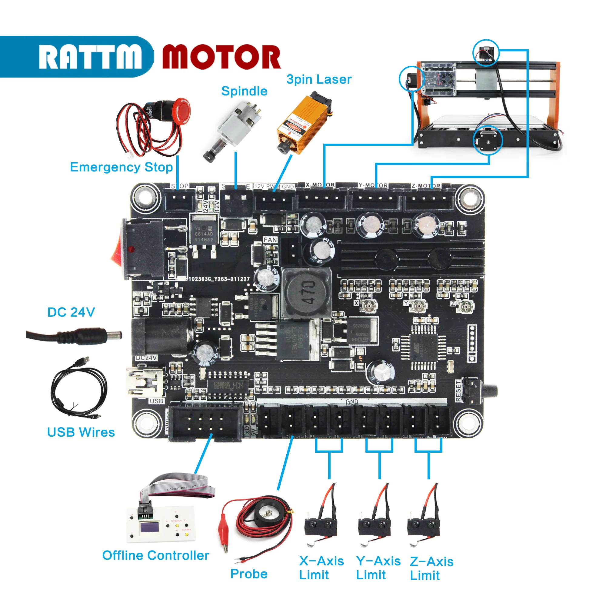 【New Version】GRBL 1.1F USB Port 3 axis CNC Controller Laser Engraving Machine Control Board + Limit Switch + E-stop