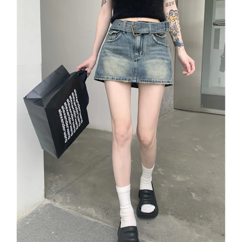 Retro Nostalgic Sense of Design Denim Skirt Women' Clothing Summer Hot Girls' Hip Wrap Skirt High Waist Appear Thin A-line Skirt