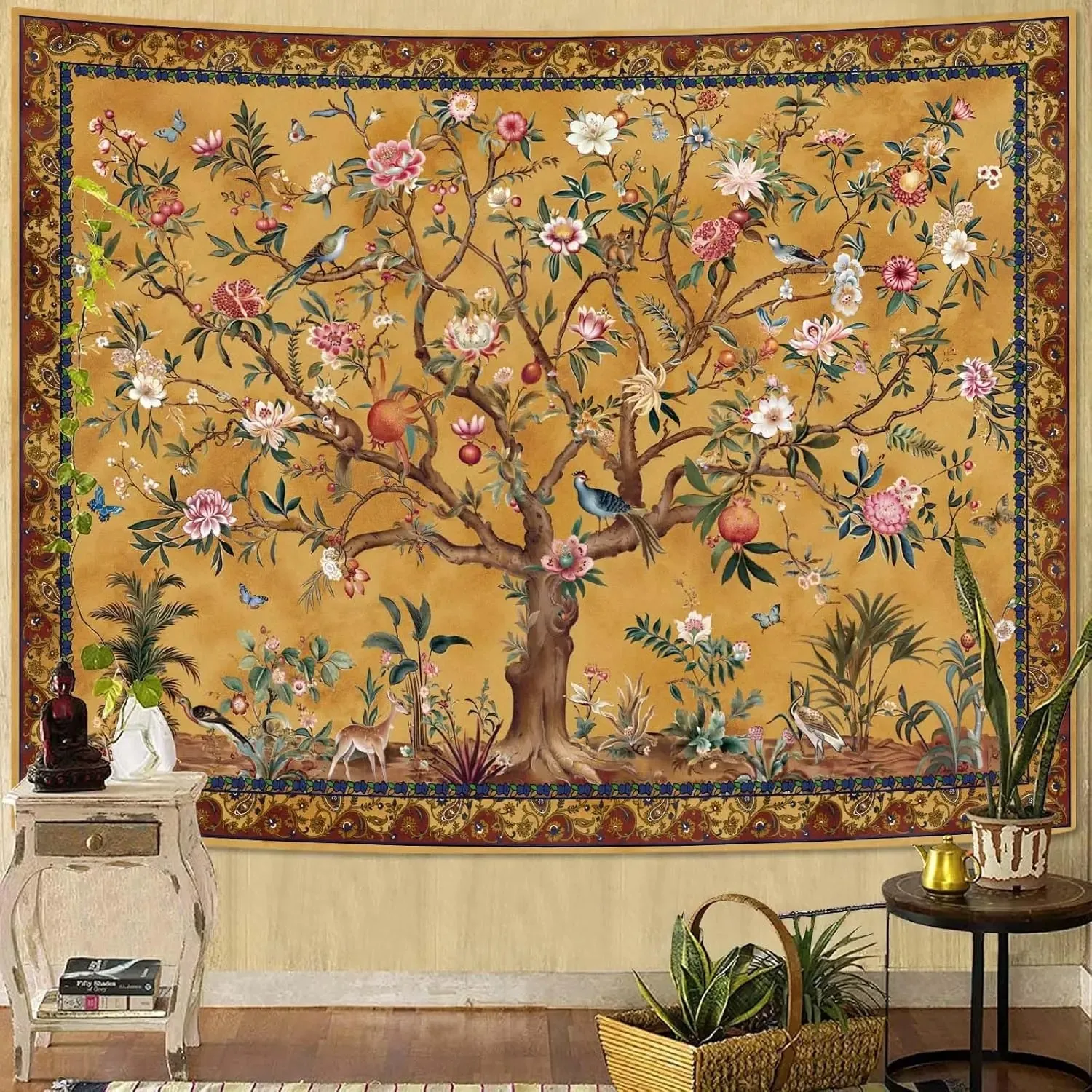 VIKAMA Tree of Life & Mandala Tapestry, Boho Vintage Floral Wall Hanging, Aesthetic Decor for Bedroom, Dorm, Hippie Living Room