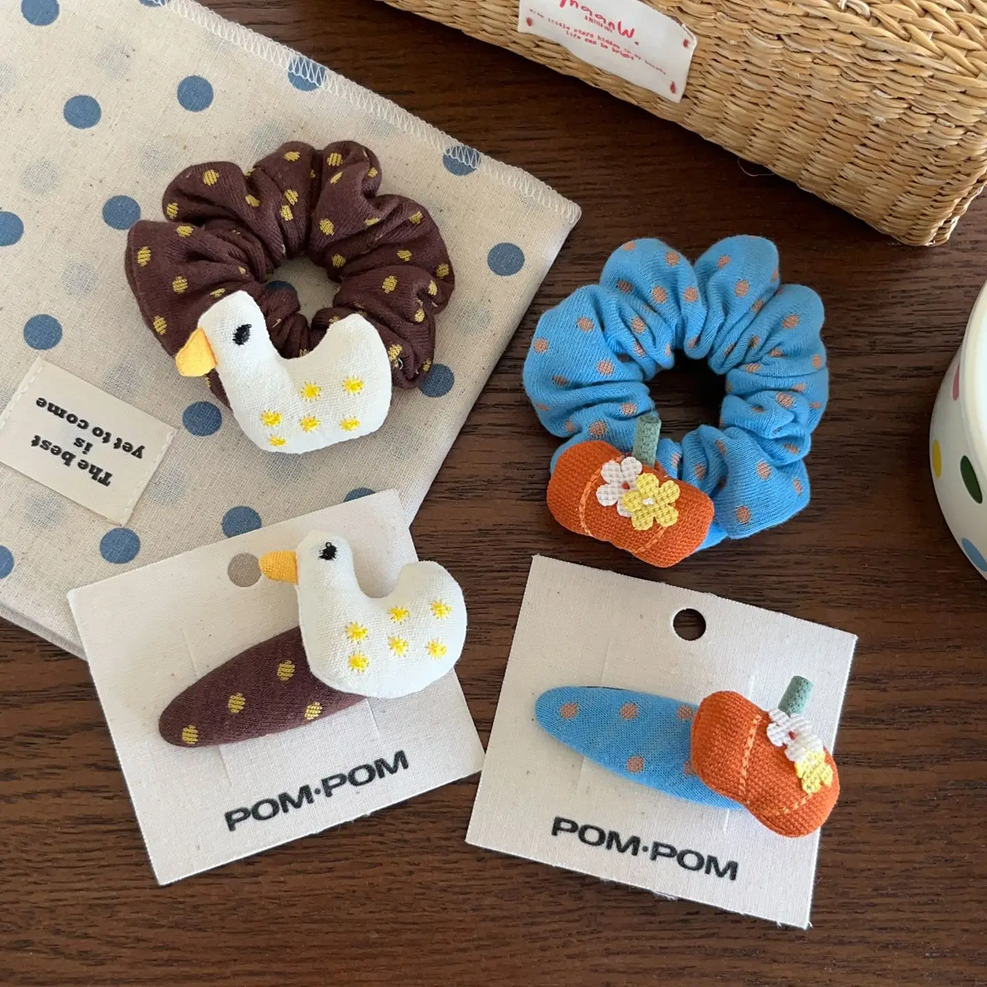 Scrunchies Knitted Pumpkin Yellow Duck Polka Dot Pattern Non Slip Adorable Comfortable Hair Ties for Children Everyday Wear