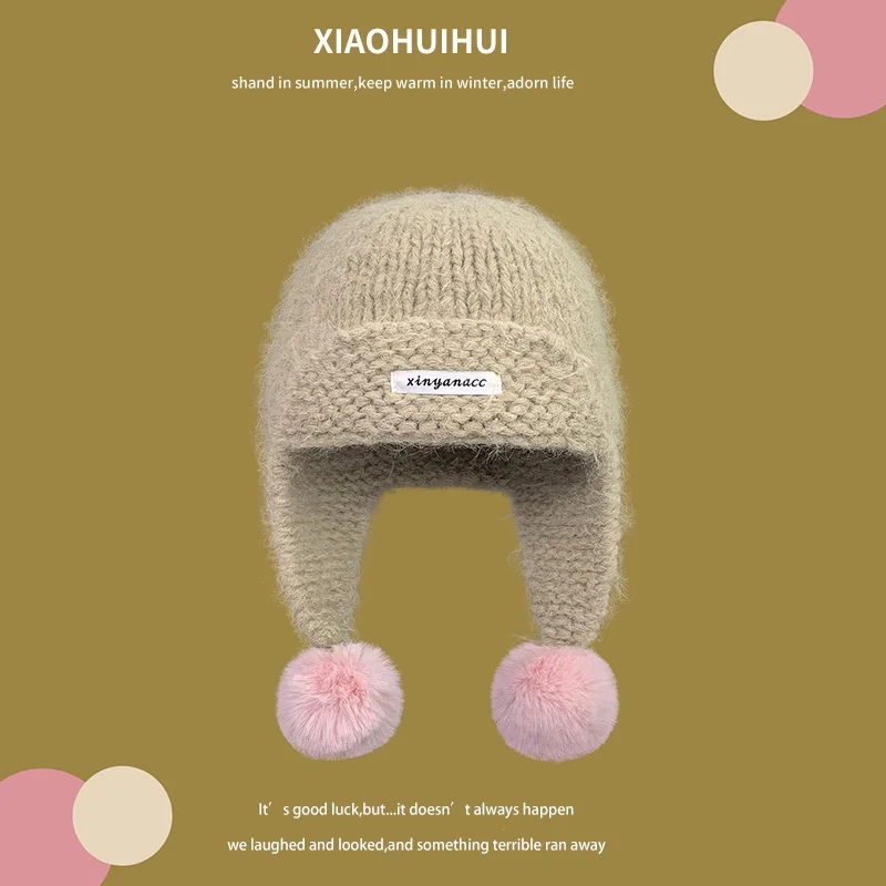 Topi Bomber Rajut Korea Sederhana dan Modis dengan Hiasan Bulu untuk Wanita, Menjaga Kepala Tetap Hangat di Musim Gugur dan Musim Dingin