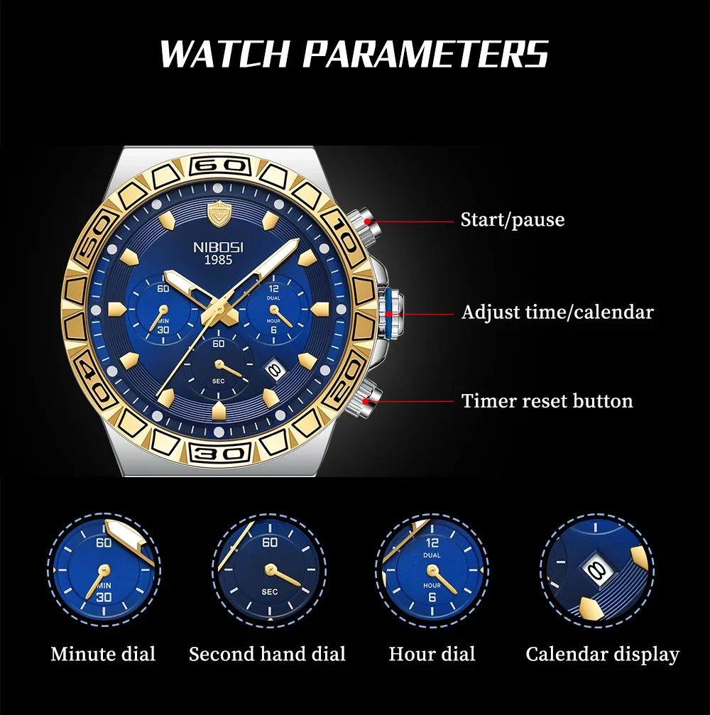 NIBOSI брендовые роскошные мужские кварцевые часы из нержавеющей стали, водонепроницаемые часы для мужчин, хронограф с датой, новые часы reloj hombre