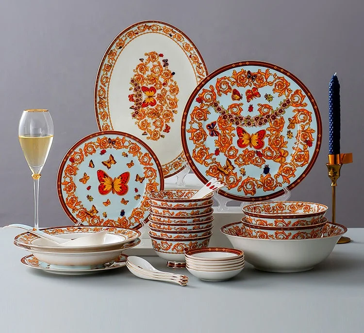 

European-style Creative Bone China Western Plate Rice Bowl Soup Plate Household 28-piece Tableware Set Gift Box