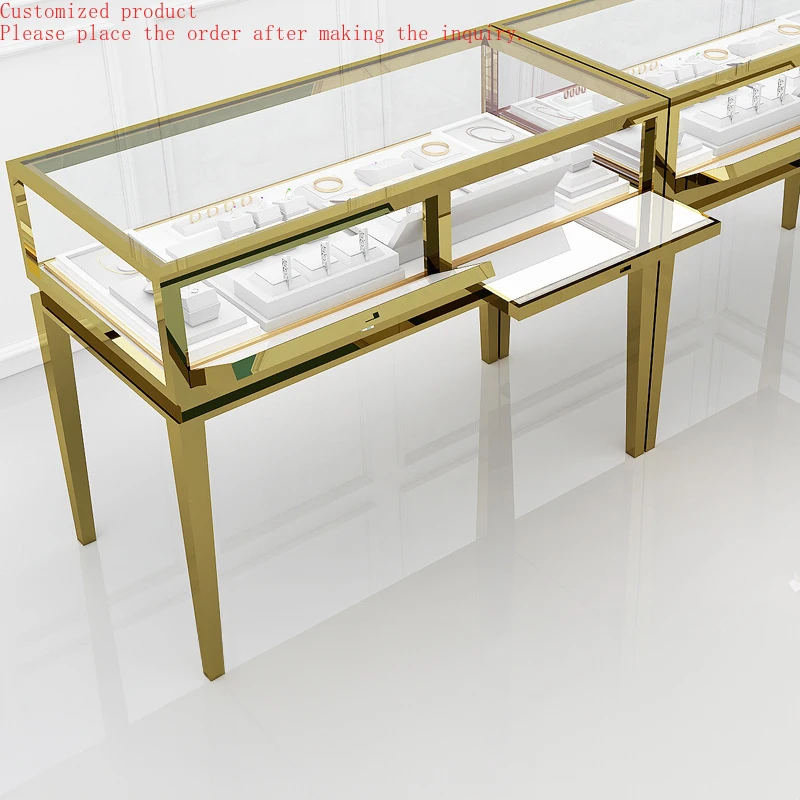 

Custom.Custom Jewellery Pedestal Stand Watch Glass Metal Showcase Gold Stainless Steel Counter Jewelry Showcase Display Cabinet