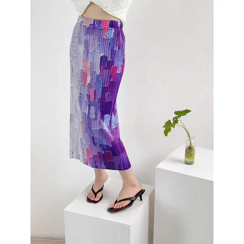 

Miyake Pleated Women's New Style, Gentle and Elegant, Contrasting Print Skirt, Women's Design, Niche Gradient Skirt