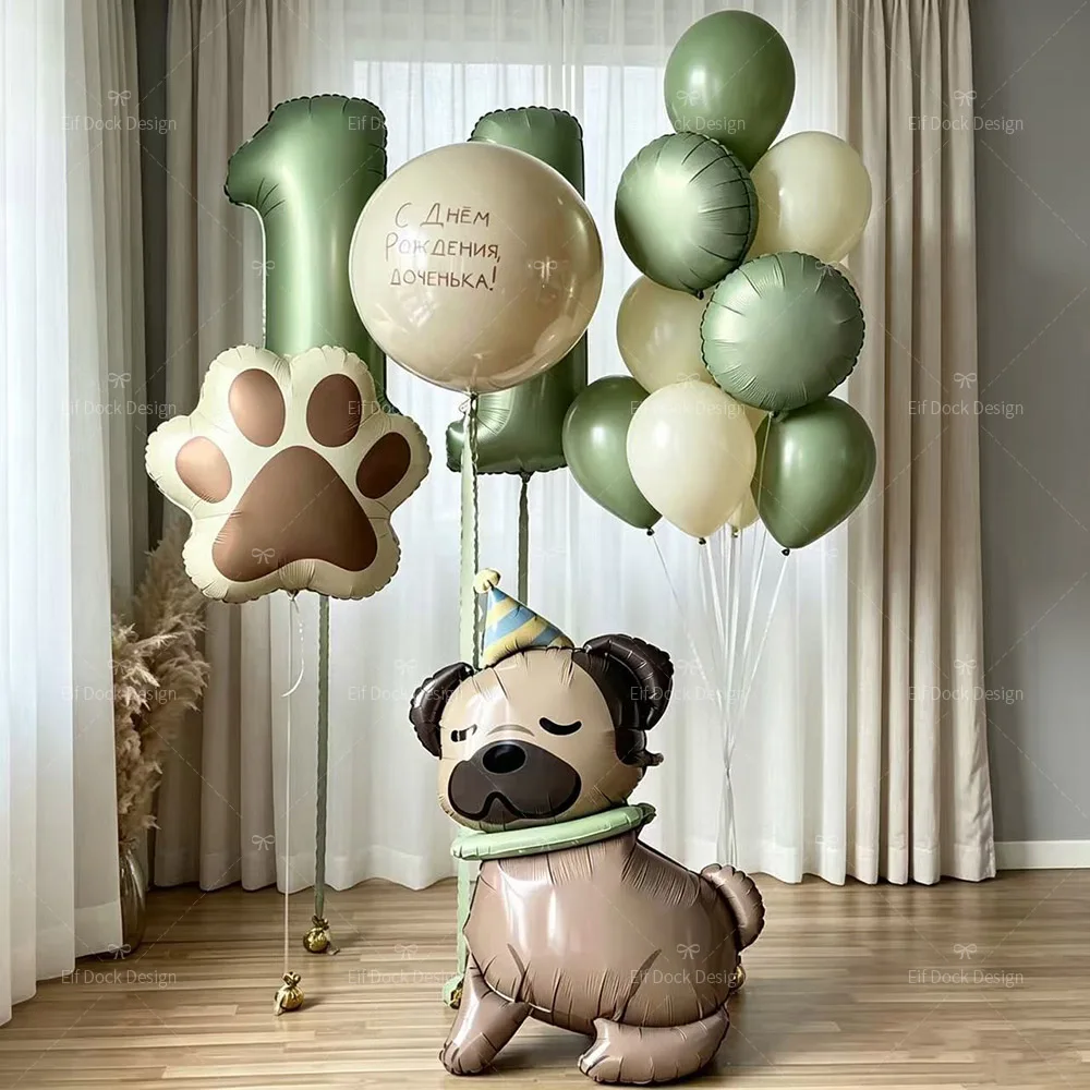 Globos de Patas de Perro Pug de Dibujos Animados, Decoración para Fiestas de Cumpleaños con Temática de Mascotas, Globos de Números Verde Oliva, Artículos para Fiestas