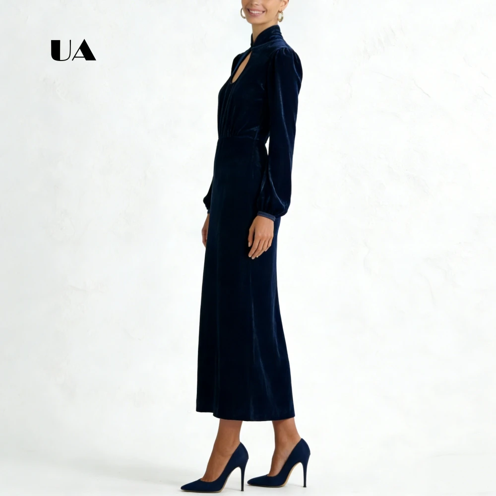 Sukienka wieczorowa z aksamitu z golfem i bufiastymi rękawami, dopasowana sukienka z wycięciami, prosta, dopasowana sukienka na przyjęcie z możliwością personalizacji.