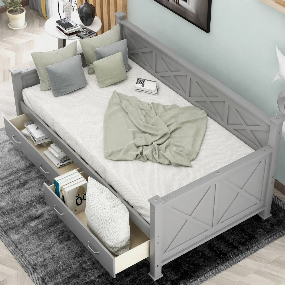 Twin Size Daybed with 2 Large Drawers, X-shaped Frame, Modern and Rustic Casual Style Daybed,Gray Children Bed Girl Princess Bed