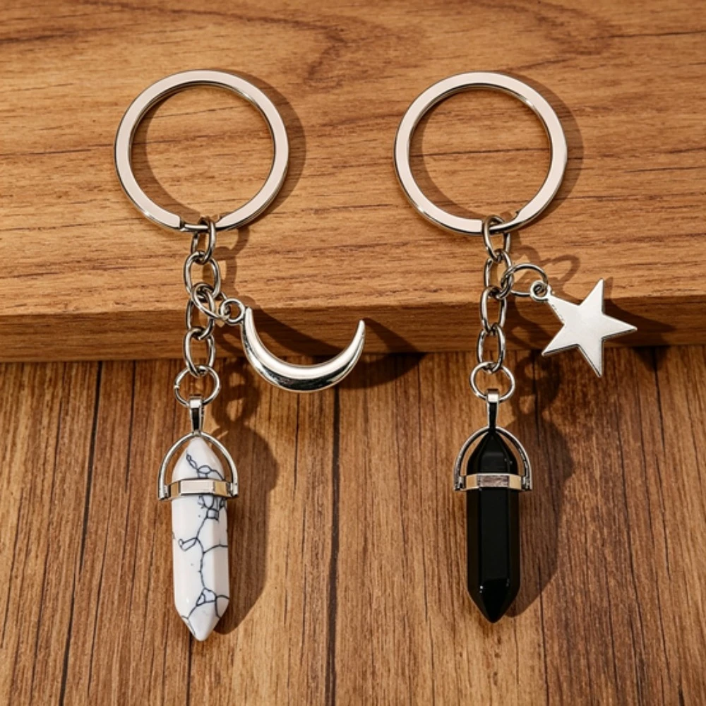 Natural Resin Hexagon Pendant Keychain Amethyst Rose Quartz Color Stone Keyring for Couple Men Women Bag Car Jewelry Gift 2026