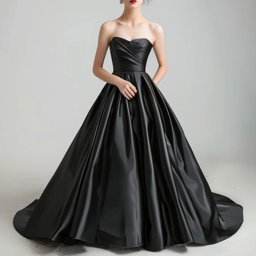 

Black Satin Strapless Floor Length Lace Up Back Formal Prom Evening Dress Brithday Elagant Skirt Custom Size Color W6-5