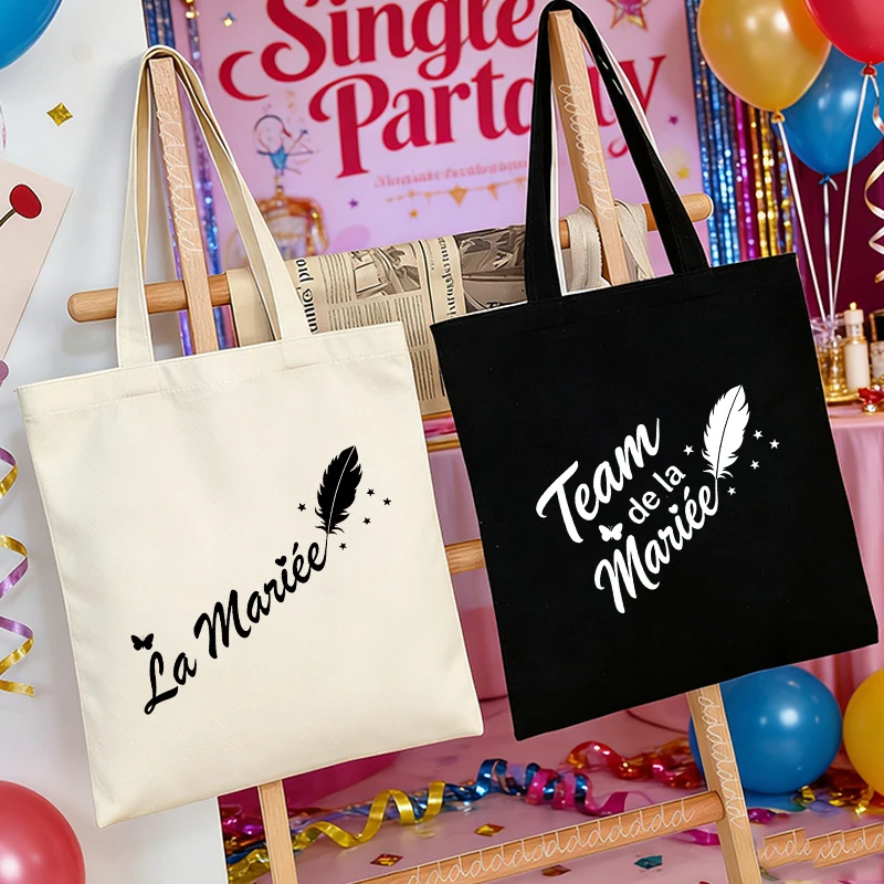 

French Future Bride Team Canvas Tote Bags Bachelorette EVJF Party Feather Butterfly Design Bridal Shower Wedding Shopping Bag