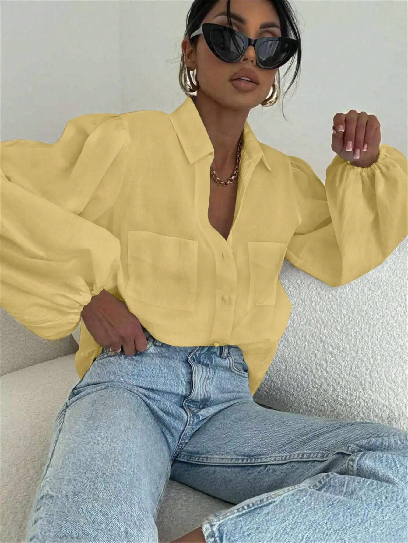 

Женская желтая винтажная повседневная блузка с длинными рукавами, пышными рукавами и карманами