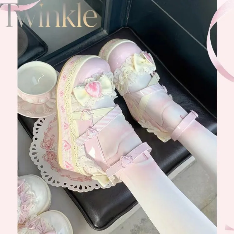 Cute Lolita Shoes Fairy Princess Girl Sweet Strawberry Milk Cream Platform Shoes Thick Sole PU Leather Cosplay Footwear