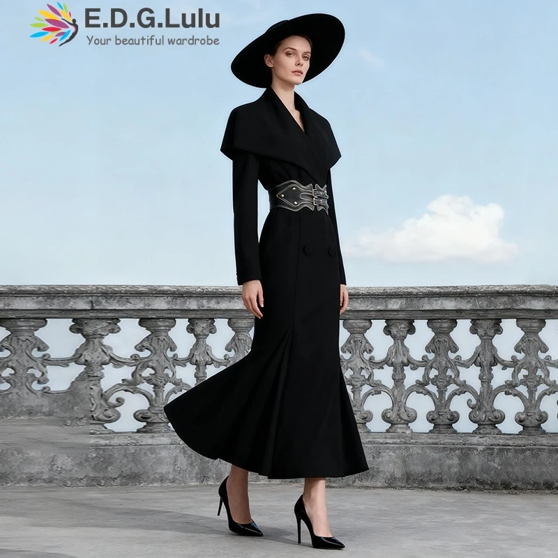 

EDGLuLu Fall 2025 Fashion Woman Design Large Turn-Down Collar Black Long Coat Double Breasted Elegant Black Jacket+Waistband1013