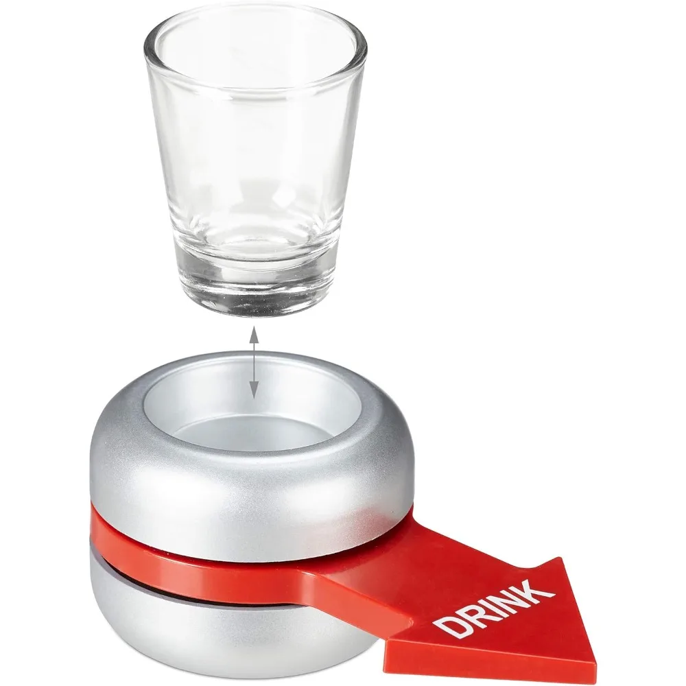 Relaxdays Trinkspiel, Spin The Bottle mit rotem Pfeil und Glas, lustiger Partygag, Shot Spinner für Erwachsene, Partyspiele-Spielzeug