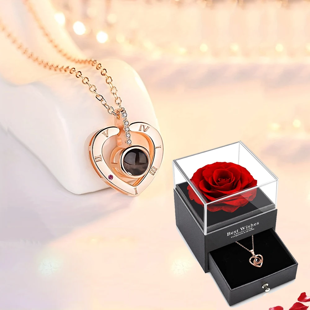 100 Languages I Love You Projection Love Heart Necklace With Rose Gift Box 2023 New Jewelry For Women Girlfriend Christmas Gifts