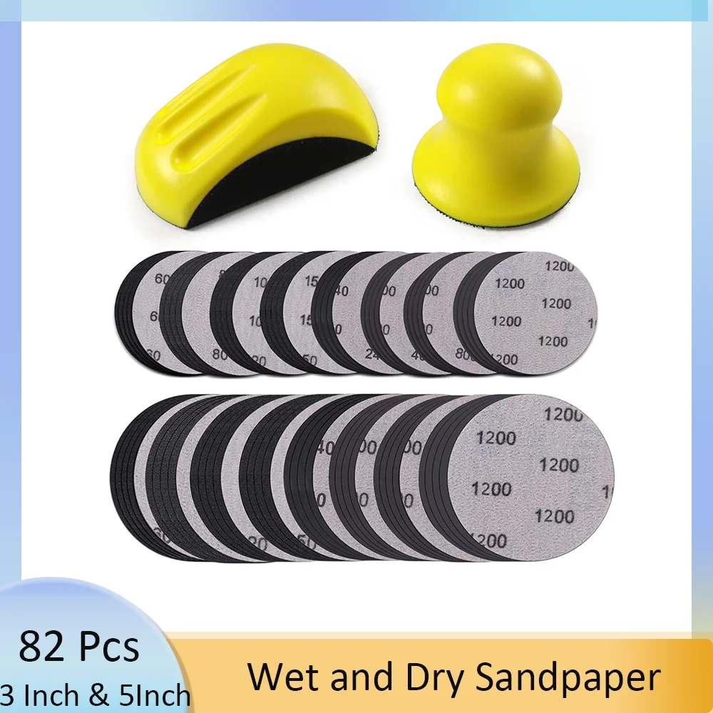 82 Pcs 3 inch & 5 inch Hook and Loop Sand Paper, Sanding Dsic with 2 Pcs Round and Mouse Hand Sanding Block for Wood Furniture