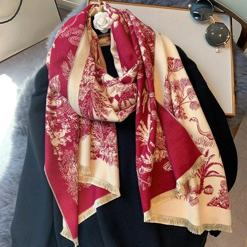 2024 Luxury Floral Print Scarf for Women Warmer Winter Cashmere Pashmina Scarves Shawls Female Thick Blanket Wraps Foulard