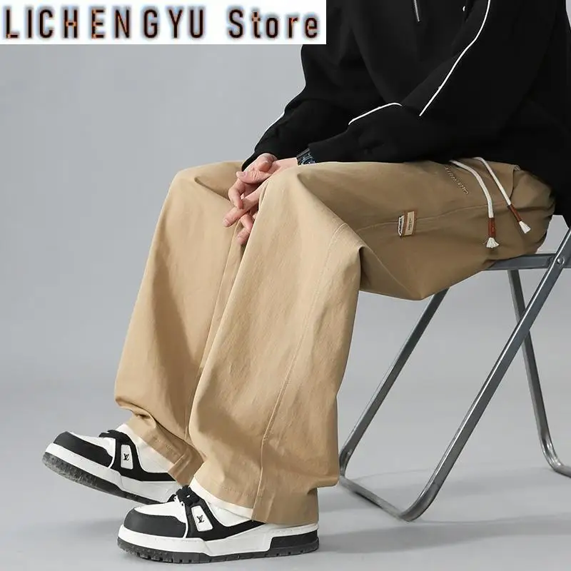 Japanese style straight leg casual pants for men loose-fit jogger cargo workwear trousers multi-pockets wide leg outdoor pants