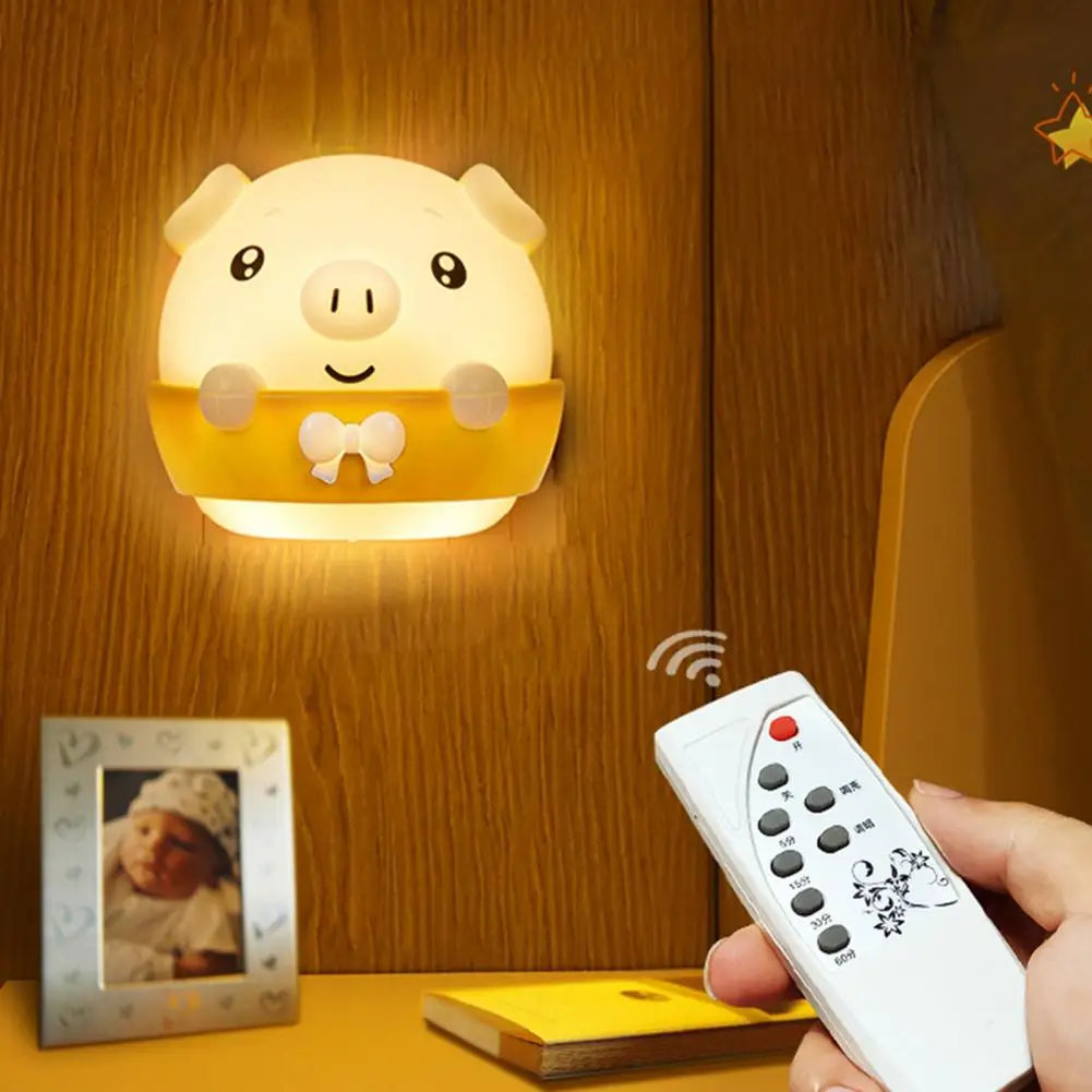 Cartoon LED Lamp Adorable Appearance Remote Control Soft Lighting Eye Flicker Free Dimmable Cartoon Pig Bedside Lamp