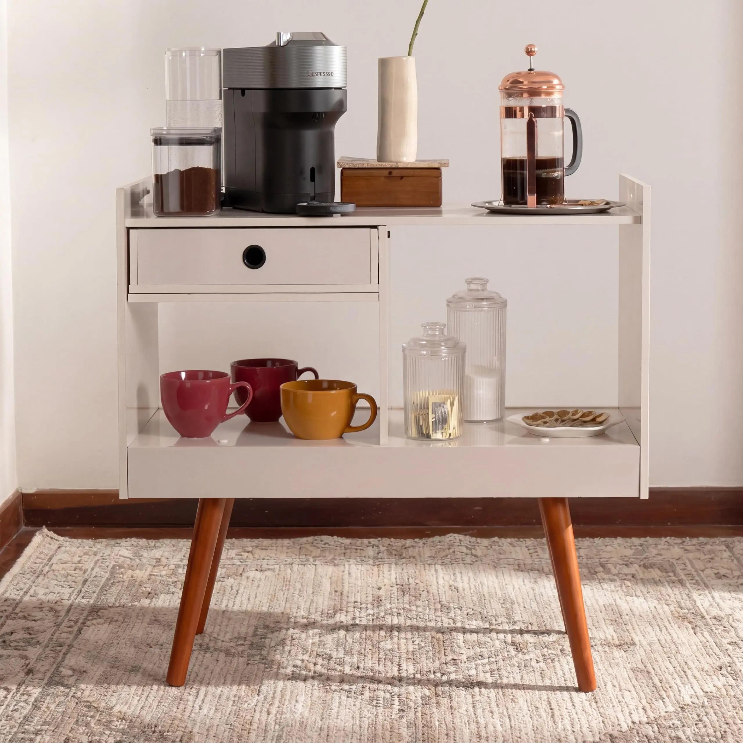 

Compact Coffee Station Table With Drawer And Dual Open Shelves For Kitchen Or Living Room