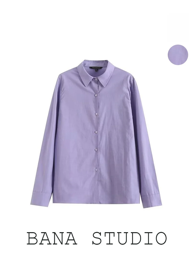 

BANA mat Purple Collar Cotton Linen Long Sve Women's irt Regular Fit oulder Pure Color Button up Top