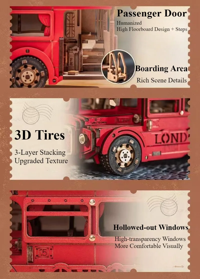 Original Robotime Realistic London Tour Bus 3D Assembly Model Toy Desktop Decoration Ornament Creative Collectible Holiday Gift