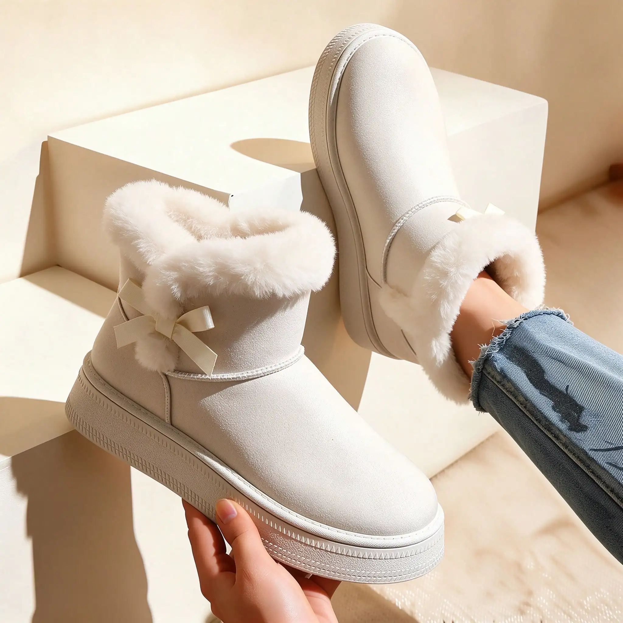 Womens Off White Fuzzy Lined Ankle Boots Winter Faux Suede Bow Pom Pom Decor Platform Slip On Warm Snow Boots