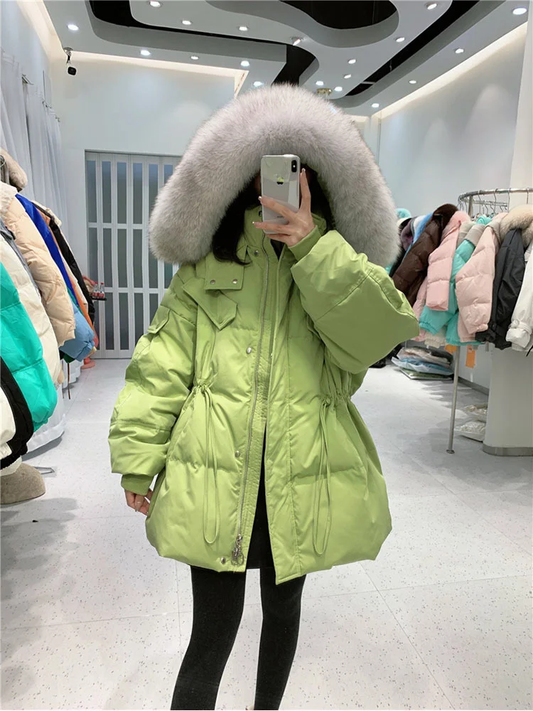 Winter Women Large 2023 Real Fox Fur Hooded Waterproof Puffer Jacket Thick Warm Loose 90% Duck Down Parka Female Snow Coat